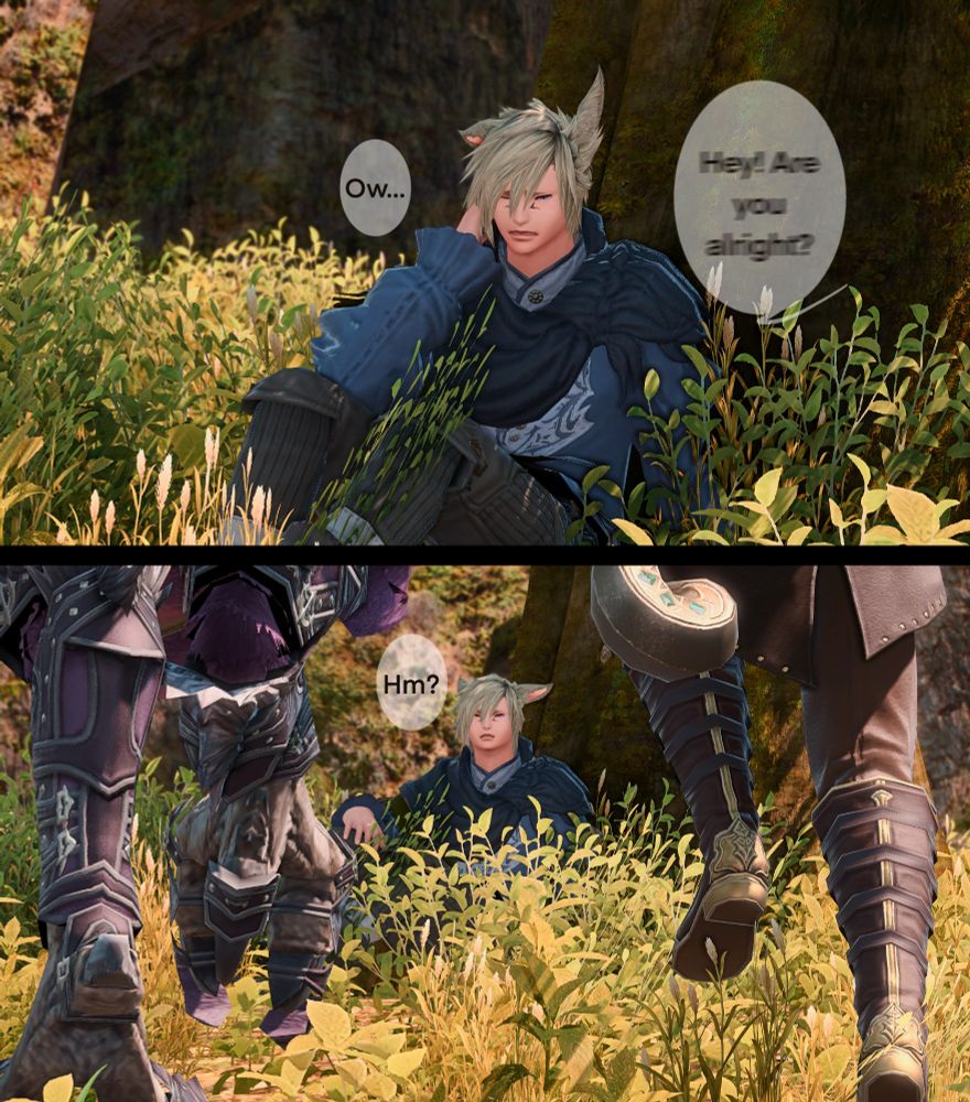 Two panels: The first frame shows Q'kie wincing in pain, "Ow." He can faintly hear someone calling out to him, "Are you alright?" The second frame shows him coming to, with Cassius and his chocobo running towards him. "Hm?"
