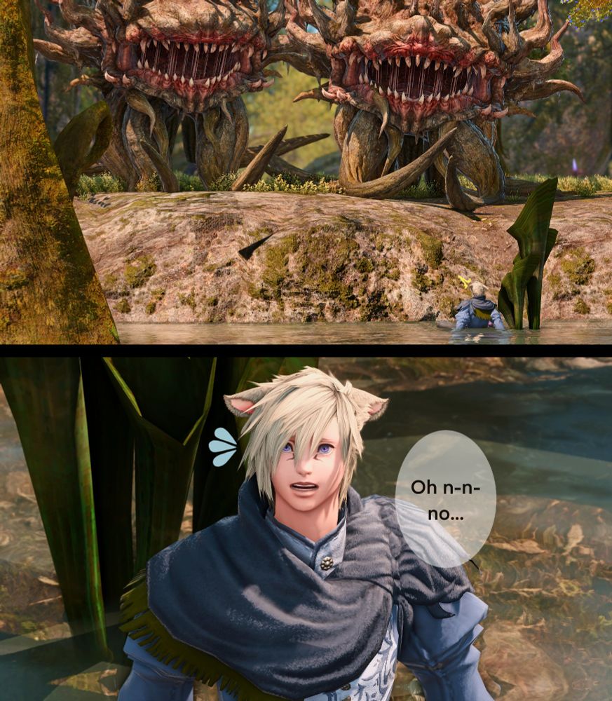 Two panels: The morbols have spotted Q'kie. He turns to see both monsters looming over him, falling back into the water. "Oh n-n-no…" Q'kie panics, realizing he's found himself in a dangerous situation. 