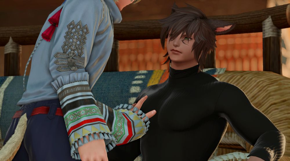 Two male Miqo'te. Kie (left) is grabbing Cassius's (right) chest. Cassius is looking back at Kie with a vexed look on his face.