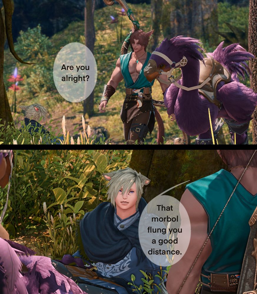 Two panels: The first frame shows Cassius and his chocobo now walking up to Q'kie. "Are you alright?" The second frame continues Cassius's speech, now at a slight bird's eye view with a focus on a still somewhat dazed Q'kie. "That morbol flung you a good distance."