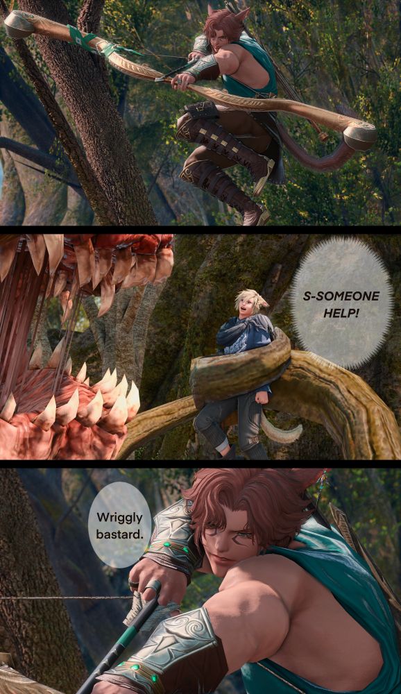 Three panels: The first frame shows Cassius, the brown haired Miqo'te, with his bow and arrow now fully drawn and in mid-jump. The second frame shows the morbol slowly moving Q'kie to its mouth to eat him. Q'kie is desperately trying to wriggle out of its grasp to no avail. "S-SOMEONE HELP!!!" The third frame shows Cassius in a closer shot from the first frame, "Wriggly bastard." He mutters before firing his arrow. 