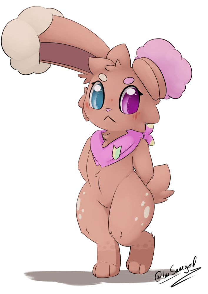 A blushing Buneary with light brown fur and the usual fluff around their hips missing. Instead it features cream-colored spots on the hips and slightly darker brown feet with spots. The ear tips feature cream colored fluff on the right and purple colored fluff on the left ear. The left and right eyes and eyebrows share the same color pattern. It's wearing a pink bandana with a badge attached to it.