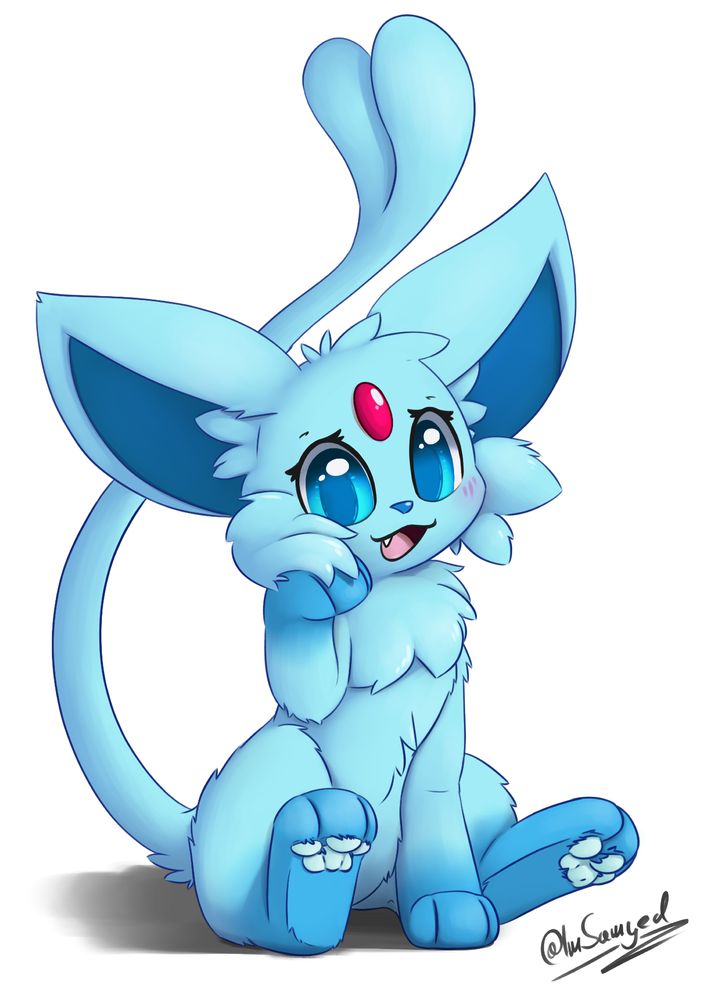 A sitting Espeon with bright blue fur and darker blue paws and inner ears. It has a red gem on its forehead as regular Espeon, pale blue beans and a fluffy chest tuft. It's smiling at the viewer and is grooming one of its cheek tufts with its paw.