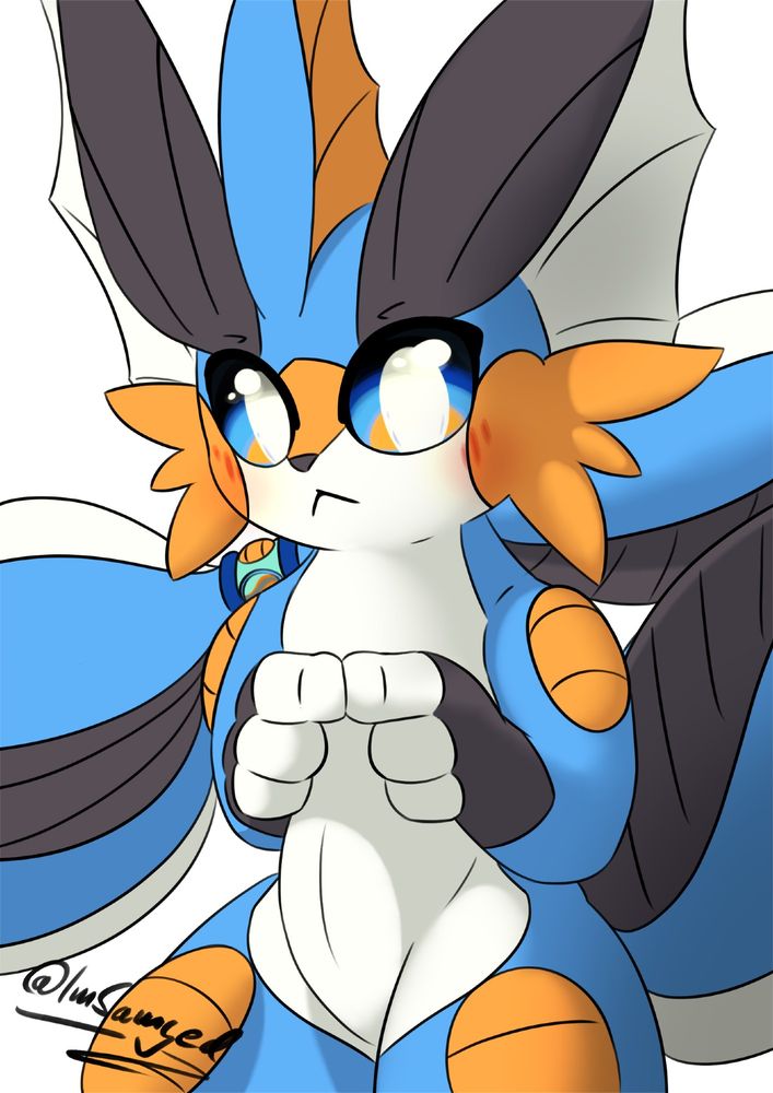 A Swampert and Vaporeon fusion on their hind legs, index fingers of their paws put together, shyly looking at the viewer. They have blue fur, a white belly and chin, black tail and head fins and orange details from the Swampert half of the fusion. Their eyes are blue and Orange as well, with white pupils. They are wearing a blue and orange mega stone bracelet on their tail