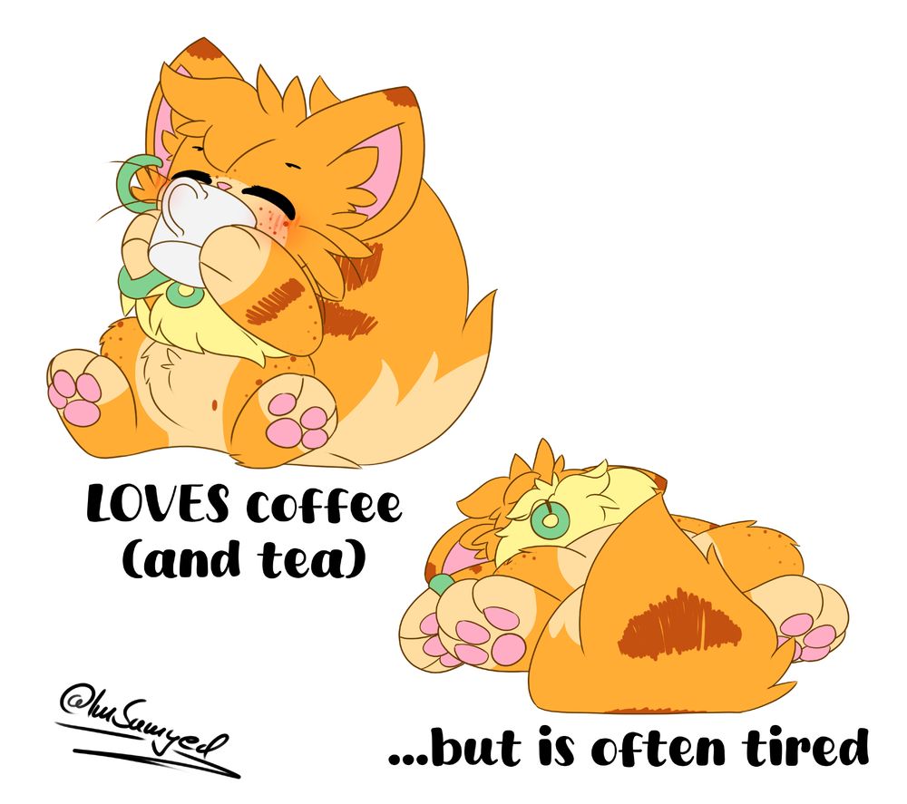 Two pictures of an orange chibi anthro cat. On the top left, they are sipping from a large mug while sitting down. On the bottom right, they are lying on their back in exhaustion.