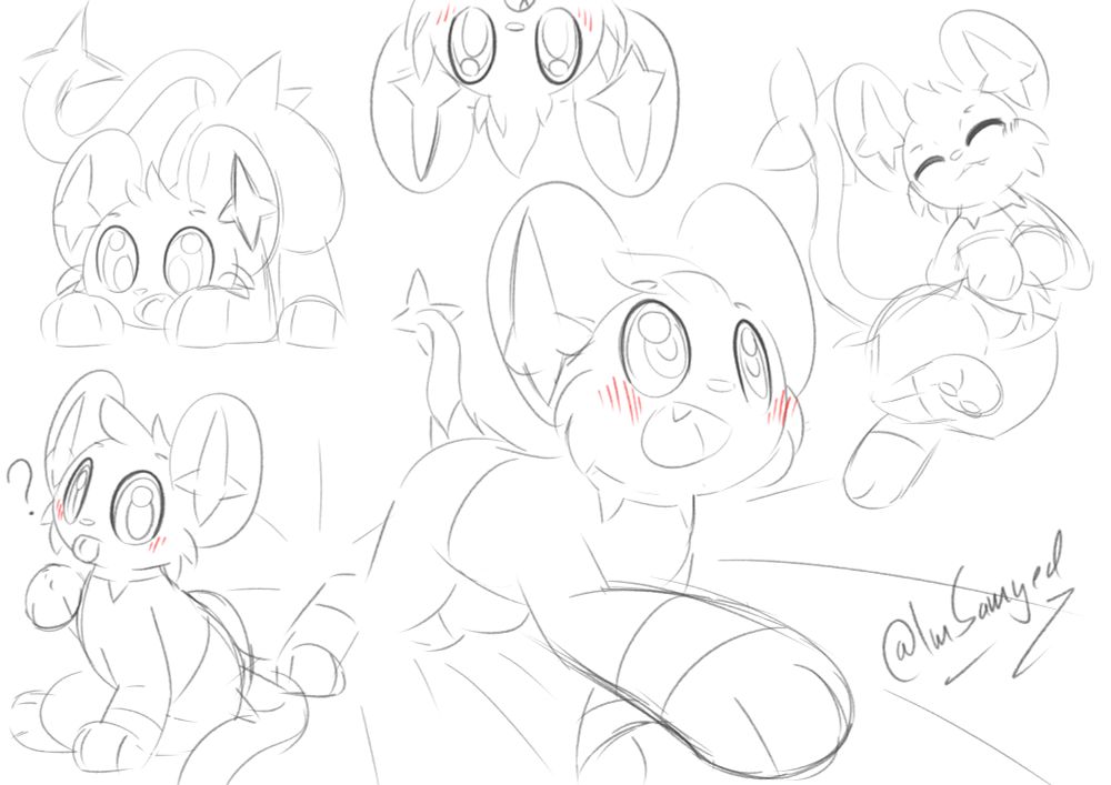 Five Shinx sketches. The top left shows one excitedly looking at something in-between their front paws. The top middle shows one peeking in from above, upside-down. The top right shows one sleeping on its back. The bottom left shows one stopped in the middle of licking one of its front paws, looking over its shoulder at the viewer in mild confusion. Finally, the middle one is a perspective piece of a Shinx running at high velocity diagonally towards the viewport.