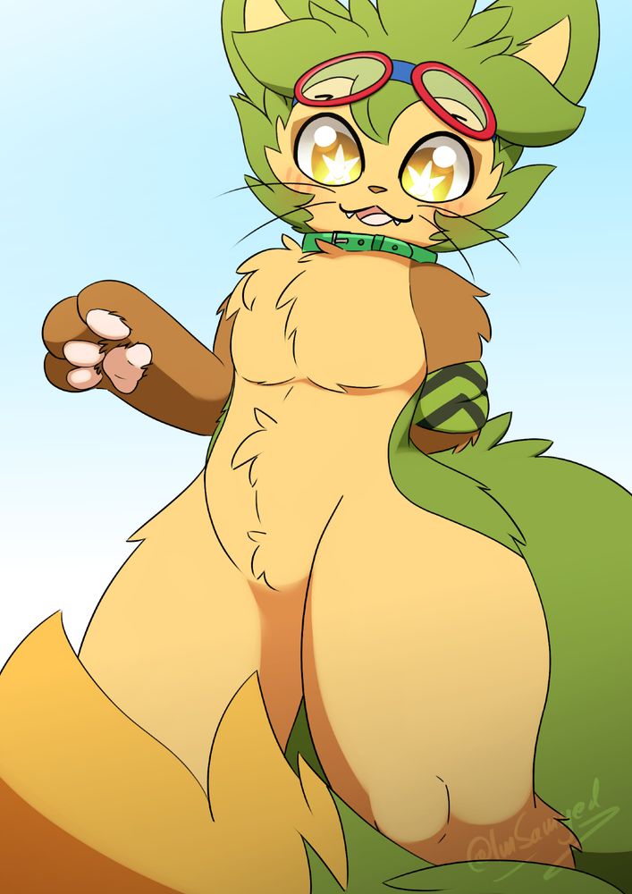 A cat boy, camera shot from diagonally below. He has Chespin color fur, so a tan body, green back and tail with an orange tip and brown arms. His eyes are yellow with star-shaped pupils like an Ogerpon would have (but with six spikes instead of 5). He's wearing red goggles with a blue band as well as a green collar and a striped green bandana on his arm. He's smiling at the viewer and waving.