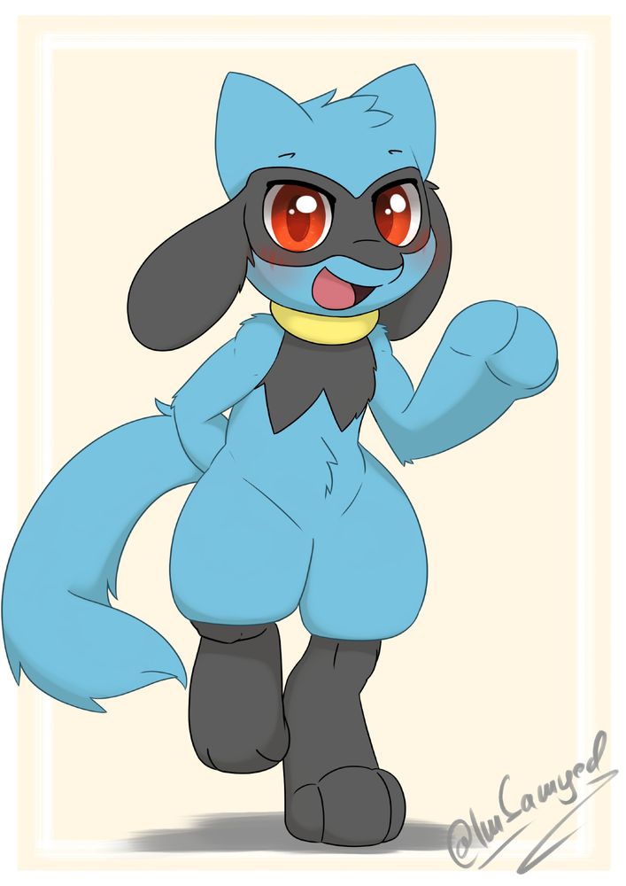 A Riolu walking towards the viewer, brightly smiling and waving with their left paw. The right one is hidden behind their back. It has the usual Riolu color scheme with blue fur and black lower legs, face mask and chest, as well as a yellow "collar" and red eyes