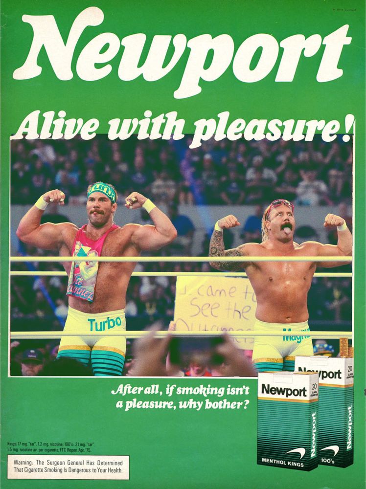 Image of an old advertisement from the 70s/80s for Newports but I placed a picture of The Outrunners w/ their Newport inspired gear they wore at AEW All In Texas