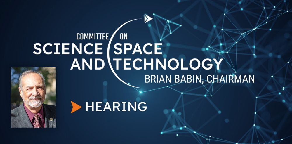 Promotional banner for a hearing with the Committee on Science, Space and Technology, featuring an image of John Nielsen-Gammon alongside a graphic of connected blue lines and dots, representing a network.