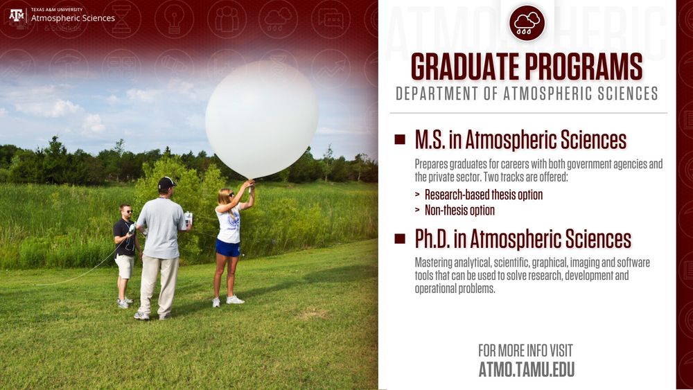Three individuals, one using a tablet, discussing in a grassy field with a weather balloon and instrumentation, under the banner of Texas A&M University's Department of Atmospheric Sciences promoting their graduate programs.