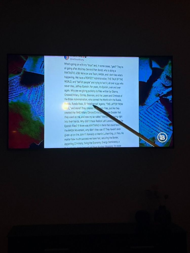 Close-up of a television screen showing a Truth Social post by Donald Trump. The text is long and disjointed, with phrases like “my boys and, in some cases, ‘gals’,” “FANTASTIC JOB,” and “THE LAPTOP FROM HELL.” Glenn Beck’s pointer is directed at part of the post, which references conspiracy theories, political enemies, and grievances with the Biden administration, intelligence officials, and historical figures. The Blaze TV logo appears in the corner.