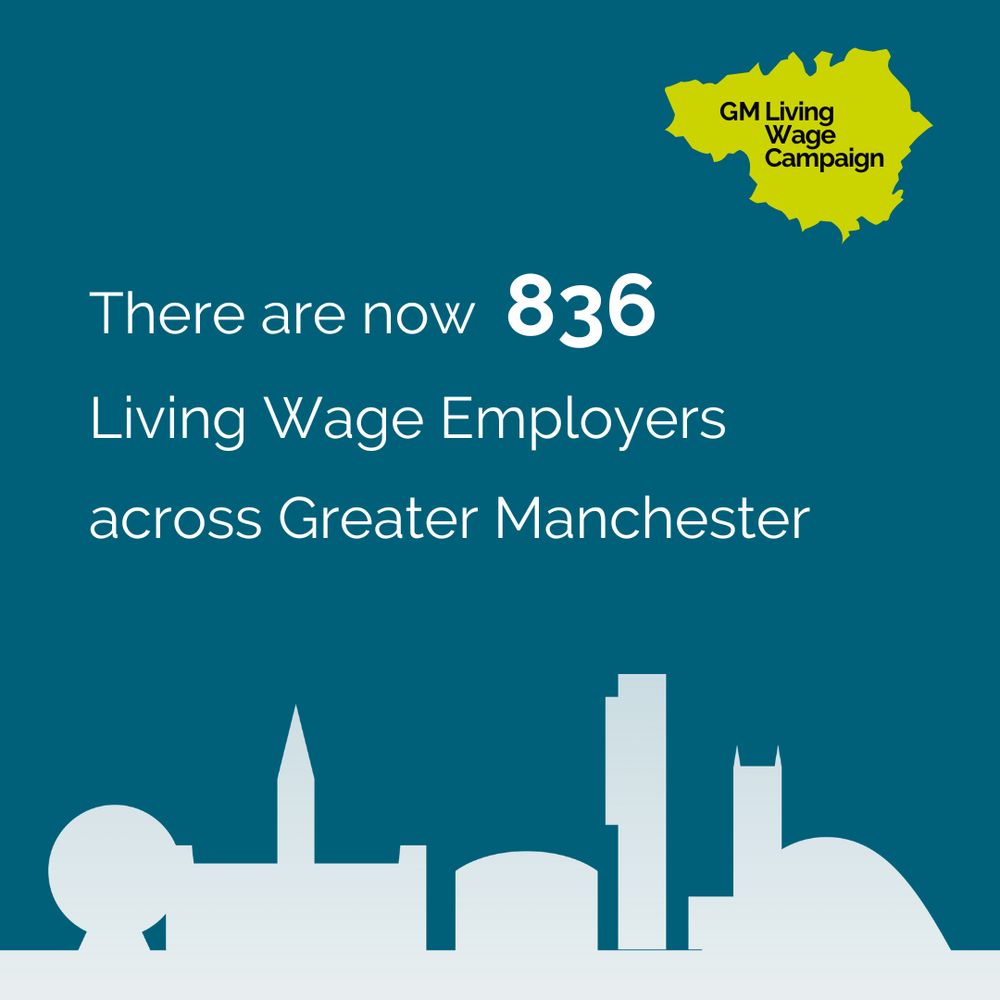 White text on a blue background reads 'There are now 836 Living Wage Employers across Greater Manchester', with a cityscape outline below.