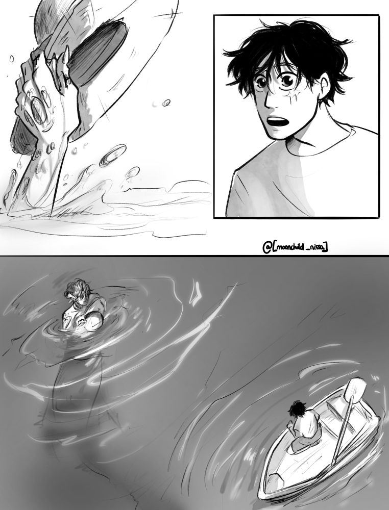 Panel 1. A hand breaks through the water to catch the strawhat before it falls through the water.
Panel 2. Luffy looking surprised.
Panel 3. From above, Luffy on his boat and a mysterious merman holding the strawhat in the water