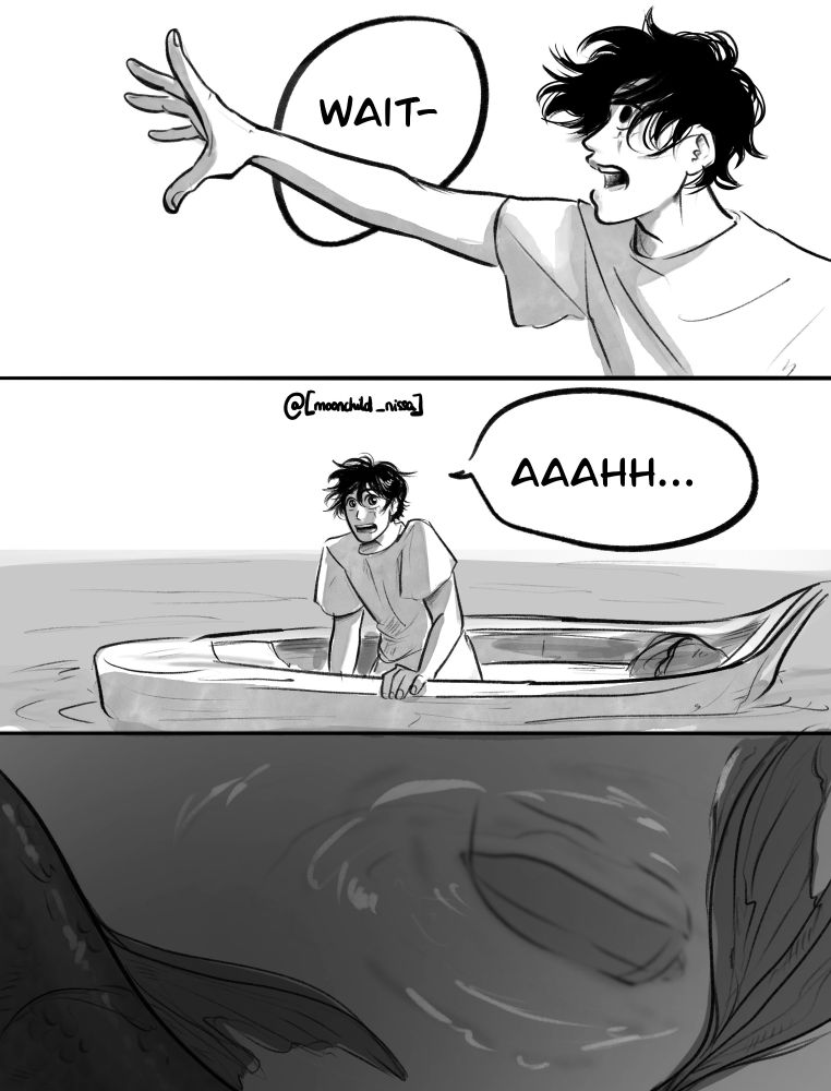 Panel 1. Luffy tries to catch his strawhat, a hand extended and saying "wait-"
Panel 2. Luffy, looking sad and a little distressed 
Panel 3. From below the water, we can see Luffy's boat at the surface and a (very big) fish tail moving underwater