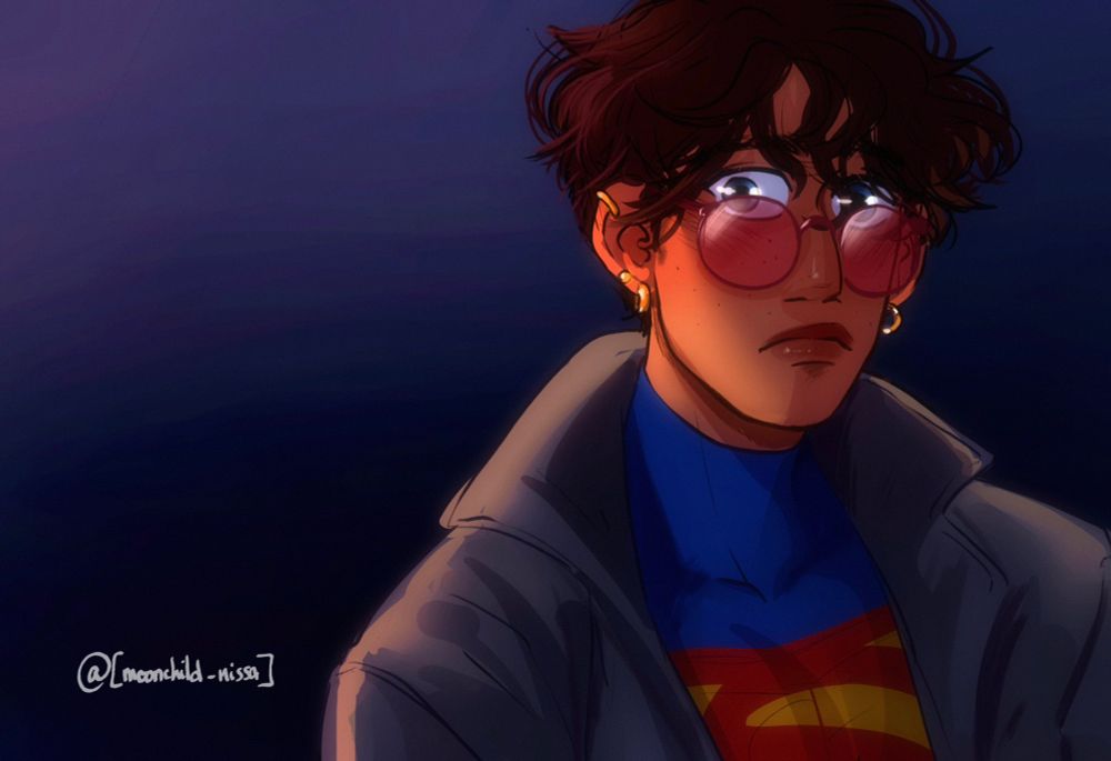 Illustration of Kon El as Superboy, watching Robin with a blush on his cheeks