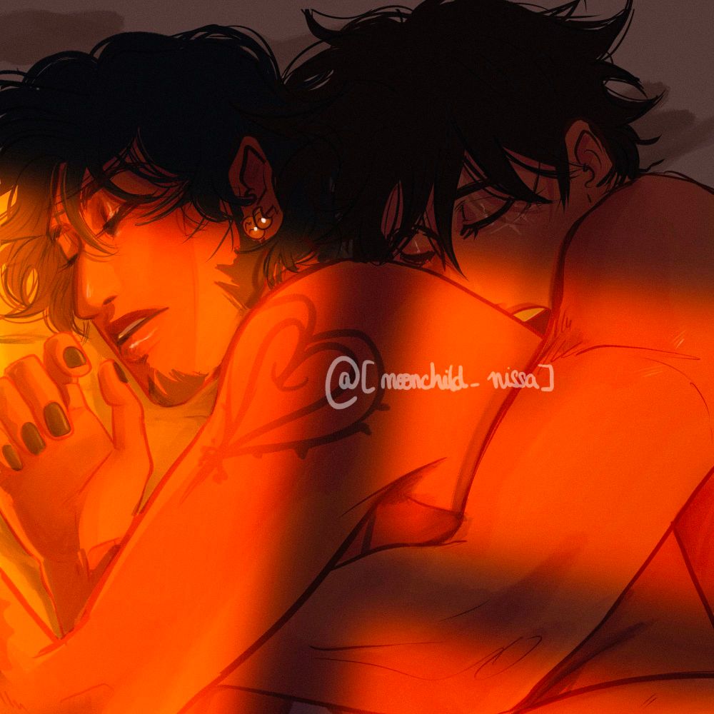 Illustration of Luffy and Law. They're sleeping on a bed, shirtless. Luffy is spooning Law, his face against Law's back (he's definitely drooling), he's holding Law, arm around his chest. They're bathed in a very warm light, coming from the window.
There's a hint of luffy's thigh around Law's hip. 