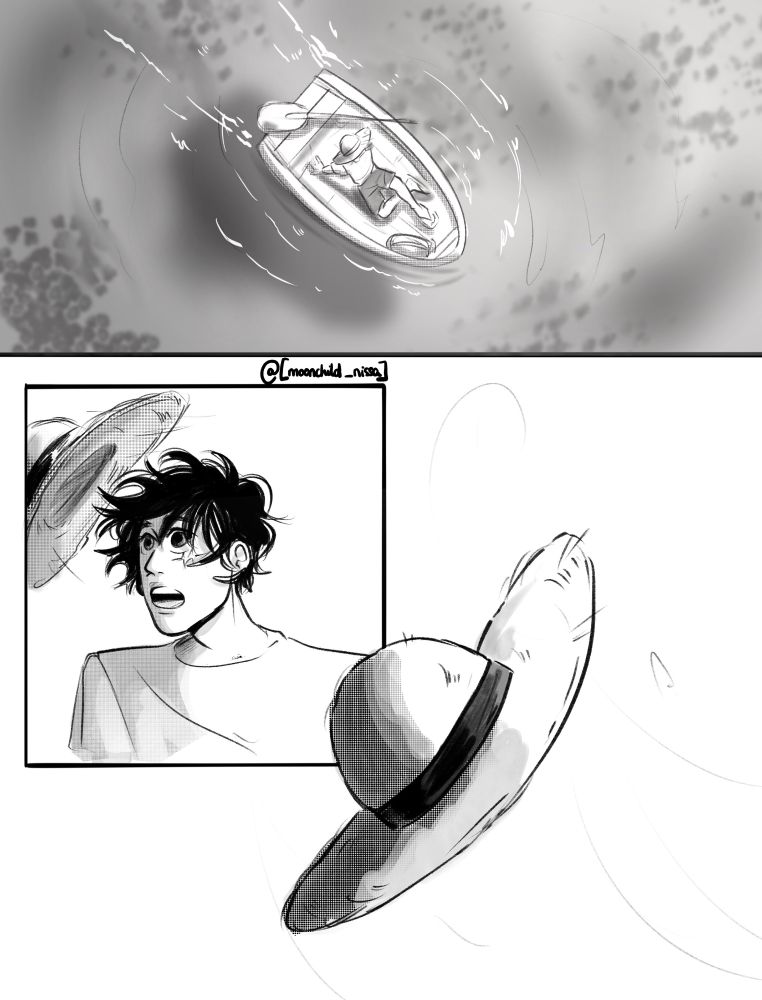 Panel 1. Luffy is on a little boat, chilling on the water.
Panel 2. His strawhat is sweeped off by the wing, flying away
