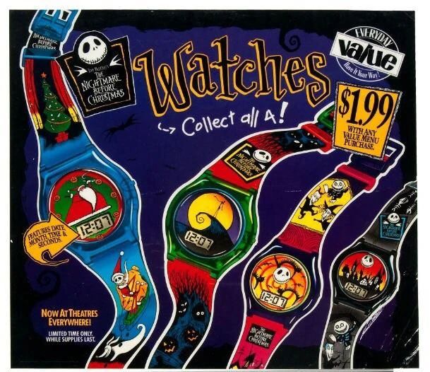 An ad from Burger King in 1993 promoting digital watches themed after the movie The Nightmare Before Christmas.