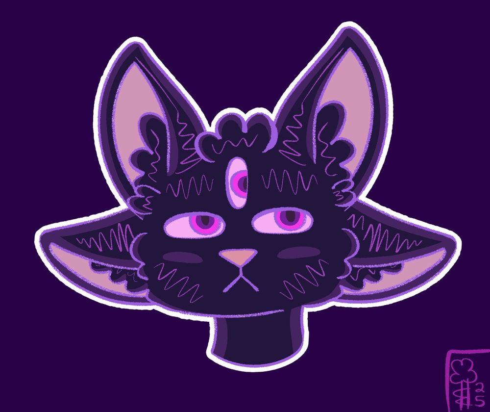 a headshot of ender's fursona who is a loose hybrid of many species, including cat/fox, crow, enderman, and avali. they have three eyes and four ears. they are dark purple with a pink nose and inner ears. they have a neutral facial expression.