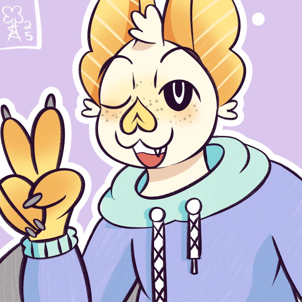 a chest-up view of anthropomorphic Honduran white bat smiling and giving the 'peace sign' to the camera. they have beige fur with a yellow nose and yellow and orange hands and ears. they are wearing a pale blue and pale green hoodie.