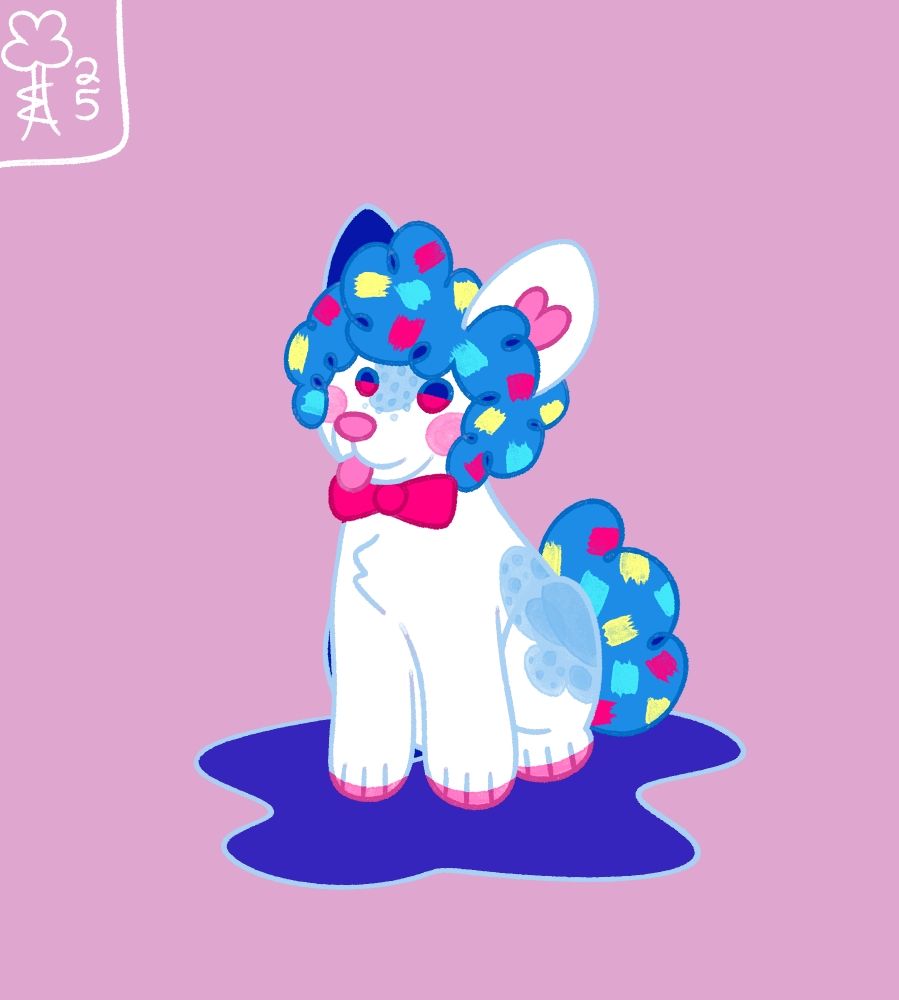 a chibi style puppy sitting down facing the camera. he is white with blue spots and pink cheeks. He has fluffy blue hair and tail with yellow, pink, and cyan confetti-like squares. he is wearing a bowtie. 