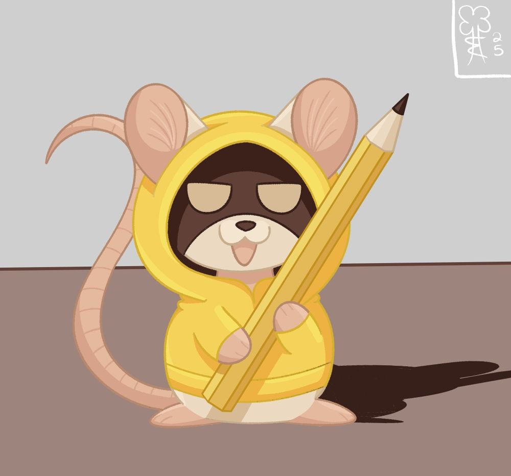 a mouse-like creature standing holding a pencil, which is about the same height as him. his face is partially hidden by the shadow from his hood. he has beige fur, pink paws, tail, and inner ears, and a brown nose. he is wearing a yellow hoodie.