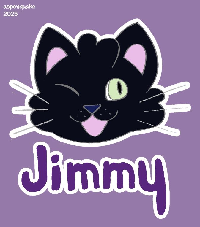 headshot of a winking black cat with green eyes. he has an open pink mouth and pink inner ears. his name, Jimmy, is written beneath the headshot.