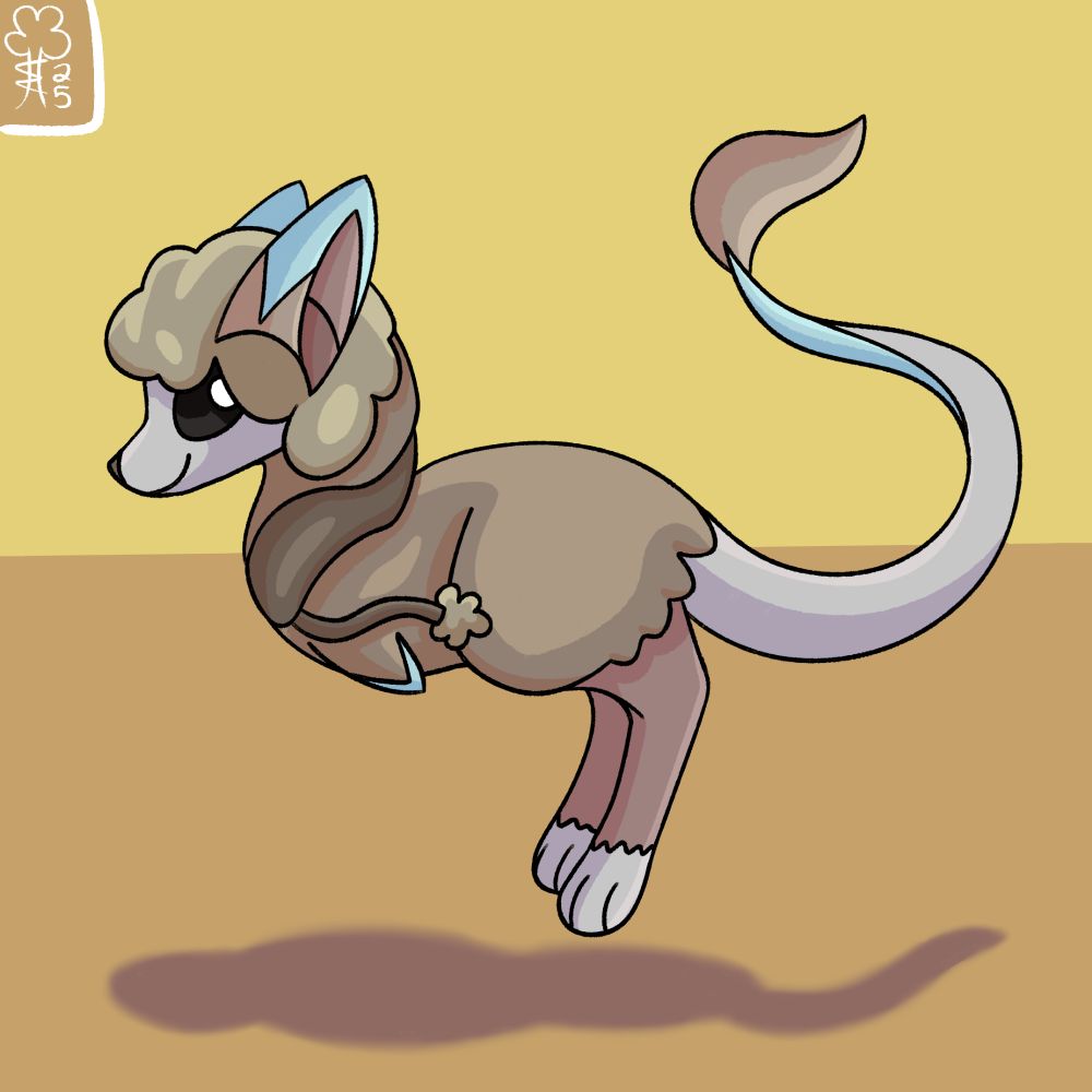 a cute jerboa-like creature with big pointy ears, two long legs, a long tufted tail, and tiny wings or arms. they are mid-jump, and there is a shadow beneath them.