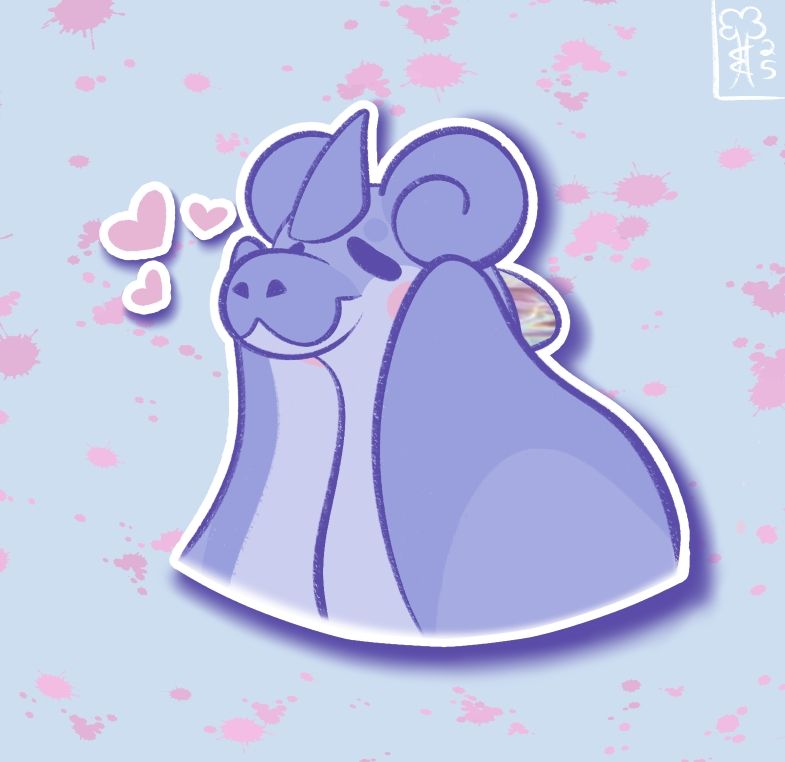 halfbody art of a plushie lapras oc holding their face in their front flippers as if looking at something they love. they are shades of periwinkle with swirly ears and a horn in the middle of their forehead. three hearts beside their face indicate their expression of adoration.