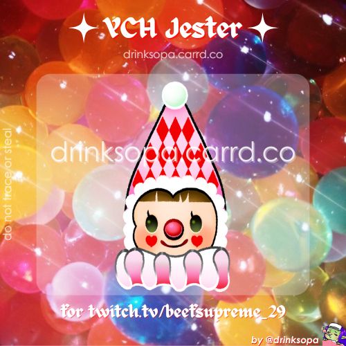 Sopa’s poster for her YCH Jester’s. YCH means “your character here”. This poster has a vibrant background of rainbow orbs, Sopa’s watermark throughout, and a “do not trace or steal” watermark on the left. This jester is of beefsupreme_29; they're wearing a pink and red pointed princess hat, a red clown nose, red heart cheek makeup, and brown baby bangs. This poster has a fun whimsical energy to it.