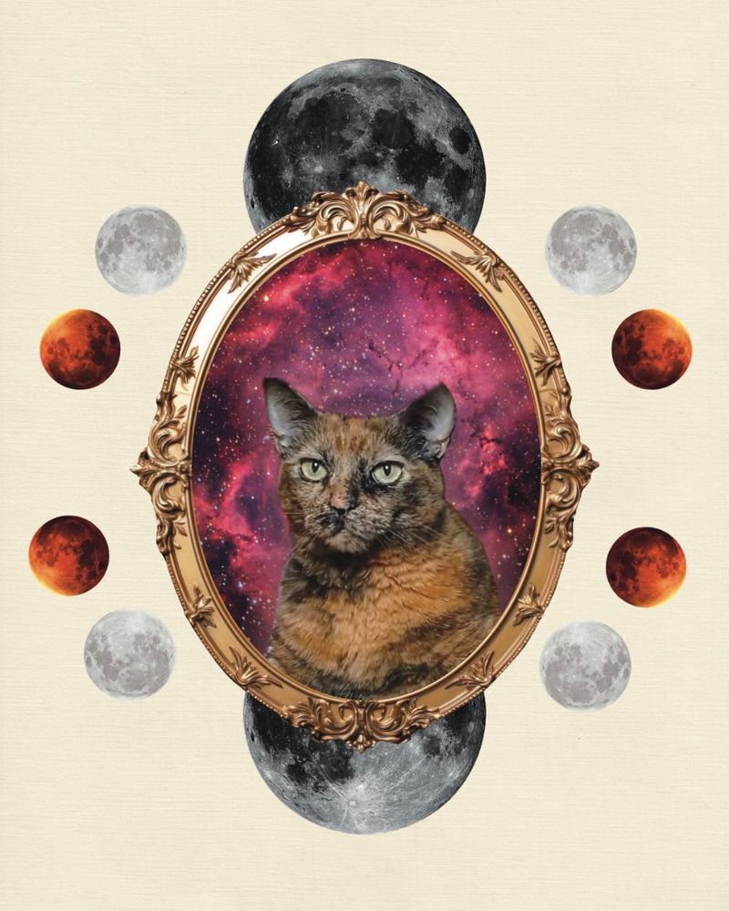 A collage image: beige parchment paper in the background, planets around a gold frame. Two large moons on the back of the top and bottom of the frame. Inside the frame a tabbie cat looks up. The background of the cat is a nebula - pink and black in colour. 