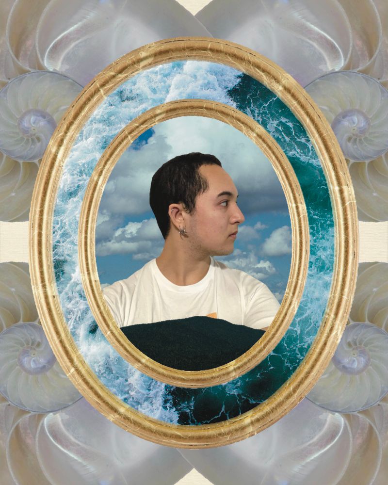 A collage image: Large shells surround a gold oval frame. Inside the frame, waves of water. Then another oval gold frame in the middle with a man facing to the side from the shoulders up. A hill is in front of him. Clouds in the background. 