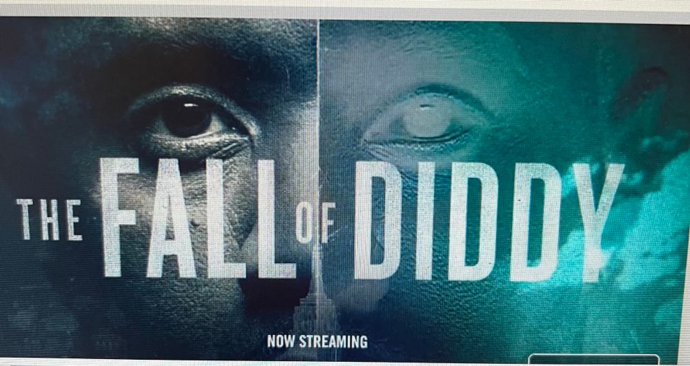 An advertisement for the streaming series called “The Fall of Diddy”, featuring an image of his face, half in black and white filter and half in a sort of photographic negative effect. 