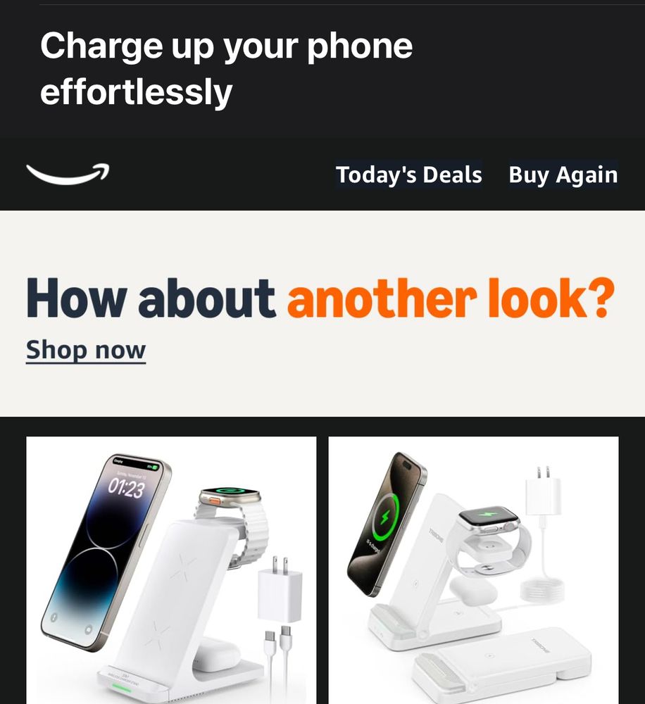 An Amazon ad that says “charge up your phone effortlessly” with pictures of wireless phone chargers below it