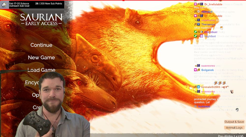 Screenshot (slightly awkward) of me greenscreened into the title page for Saurian.  Behind me are lovely depictions of a Tyrannosaurus, Ankylosaurus, Edmontosaurus, a dromaeosaur, and more, all in profile