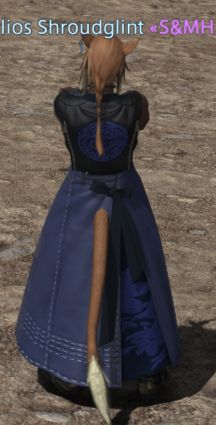 Catboy standing with arms folded, view is from behind.