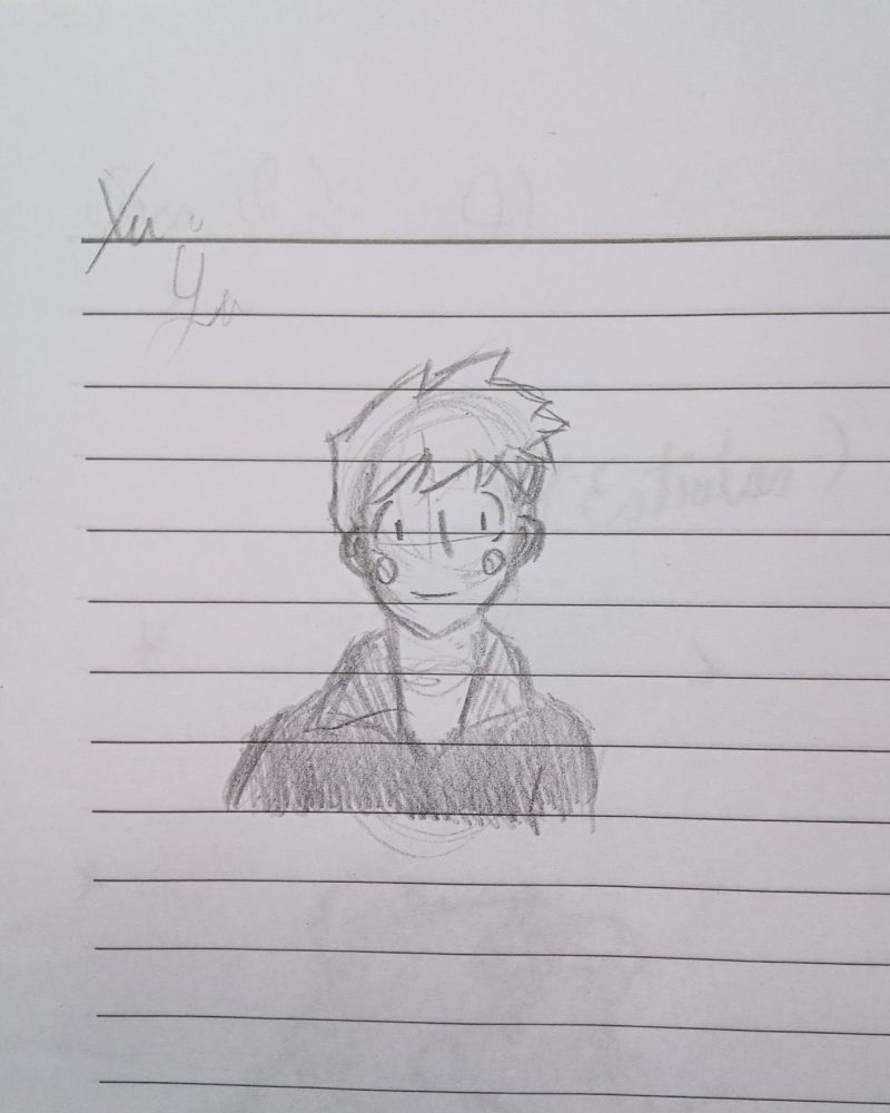 A page of sketches of the character Yu from @rinhatsuyuki.bsky.social .
The page shows just a single doodle of Yu's design