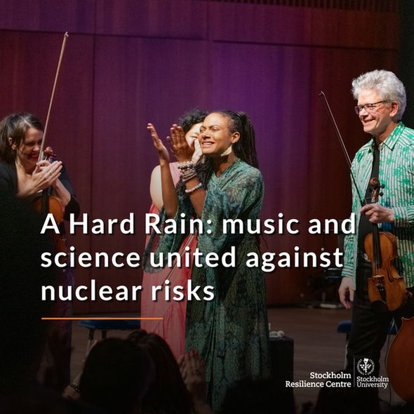 Headline on top of image of string quartet holding a concert