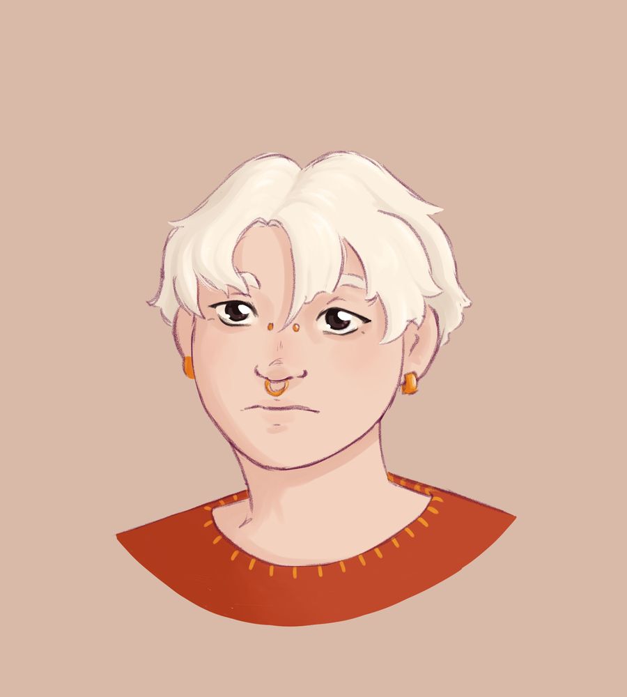 a digital headshot illustration on a solid color, light brown background.
Isaac is a chinese man with light skin, mostly black eyes and short, choppy white hair. He has a soft features and a rounded facial shape. He has several gold piercings, including earrings, a septum ring anda bridge piercing. He is wearing a red sweater with small yellow stripes at the collar. He is looking at the viewer with a neutral expression. 