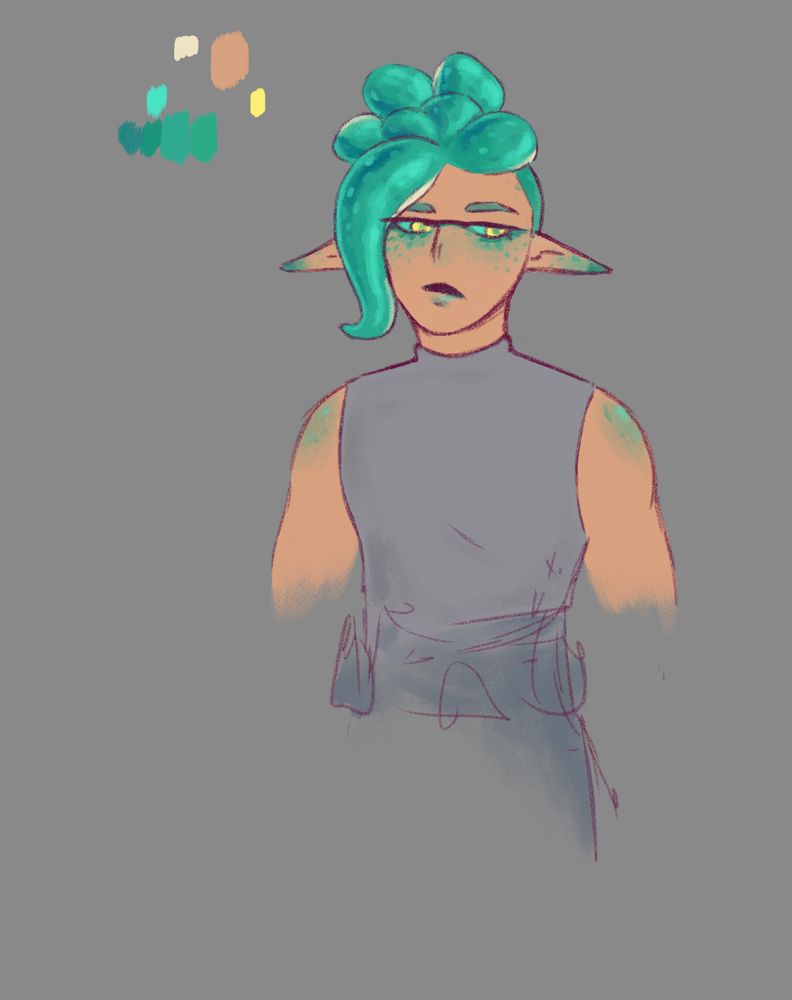 a halfbody drawing of an inkling from the game splatoon, he has light brown skin with teal freckles and blush on his face, pointy ears and shoulders. His eyes are yellow. He is wearing a grey tanktop and dark grey pants. His tentacles are teal as well and styled in an undercut and tied back, one tentacle is falling on the side of his face. He is looking to the side with a neutral, somewhat bored expression.
The background is grey and there are colorswatches next to Ink.
