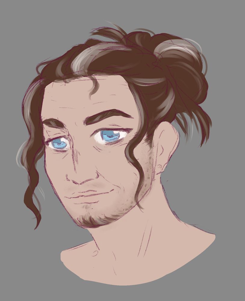 headshot drawing of a white middle aged man with blue eyes and dark brown hair. His hair is tied up in a messy bun with some strands falling to the sides of his face. It is streaked with white and grey in some places. His nose has a slight bump to it and he got some wrinkles, mostly forming into laugh lines. He got stubble on his cheeks and a short beard covering his chin.