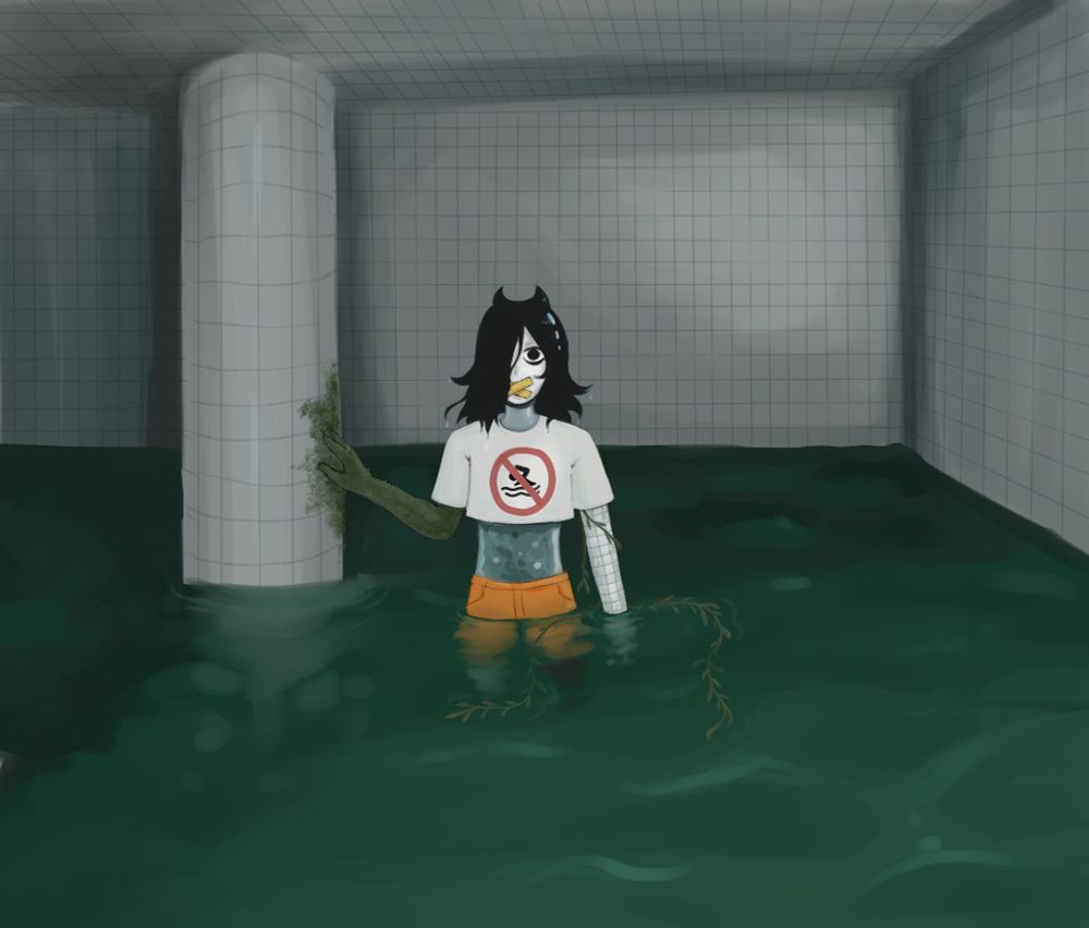 A digital illustration set in a dimly lit, abandoned pool with fully tiled walls and ceiling. The water is murky and dark green. 
Chaos Pool is standing in the middle of the pool, the water reaching up half their body. He is touching a pillar next to him and spreading algae.
It's face is white and their hair is black and wet-looking. It is shoulder-length and looks like they have two little horns on top of their head. Half their face is covered by their hair, leaving one black eye visible. His mouth is covered with tape. 
It's torso looks like it is filled with water. Their left arm is made of tiles and has vines growing on it, their right arm is made of mossy, algae-like plant material. They are wearing a cropped white t-shirt with a "no swimming" pictogram on the front, as well as bright orange shorts.
He is looking directly at the viewer.
