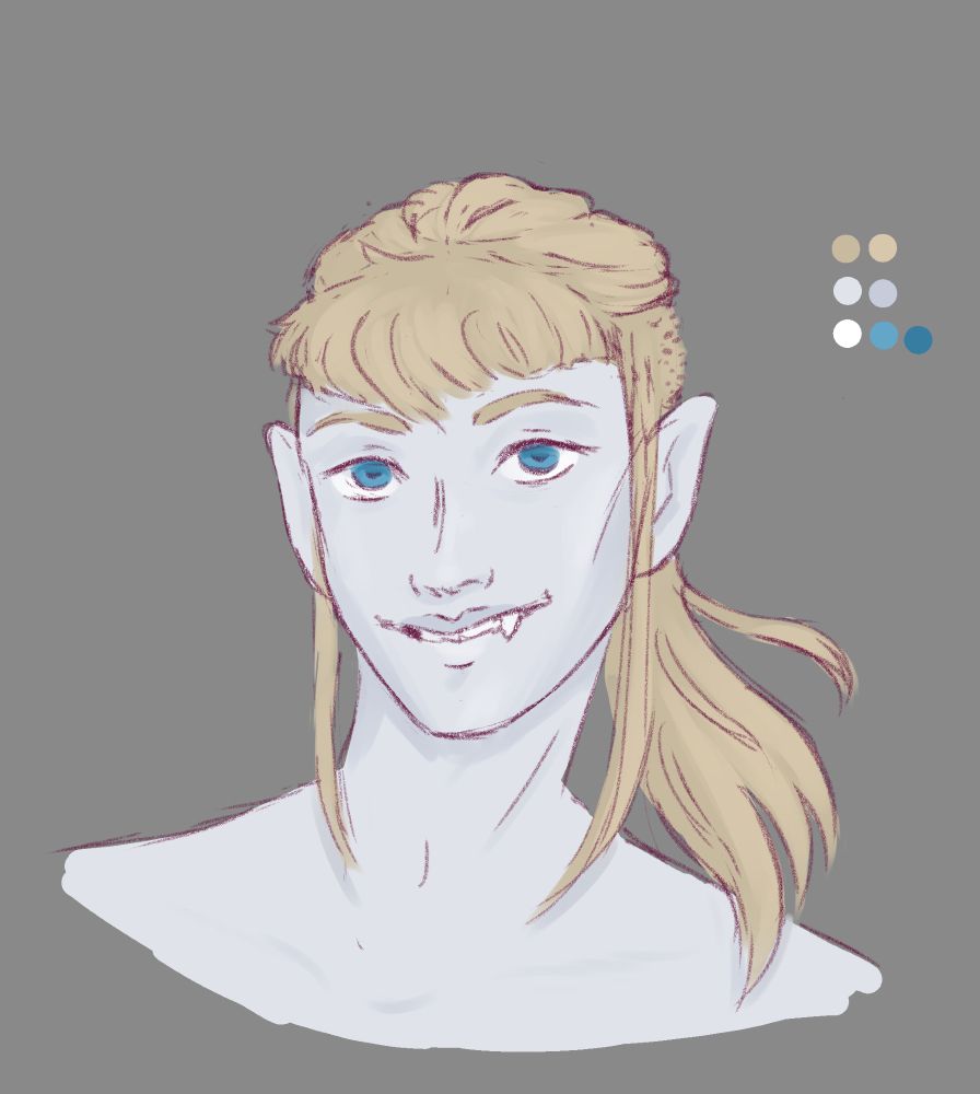 A digital headshot drawing of Jonathan, a vampire with grey skin and pointy ears. He is smiling and his fangs are visible, one of them is missing. His eyes are blue and his hair is blonde. The sides of his head are shaved, the top is drawn back into a ponytail. He has short bangs and a longer strand of hair falling on each side of his face.