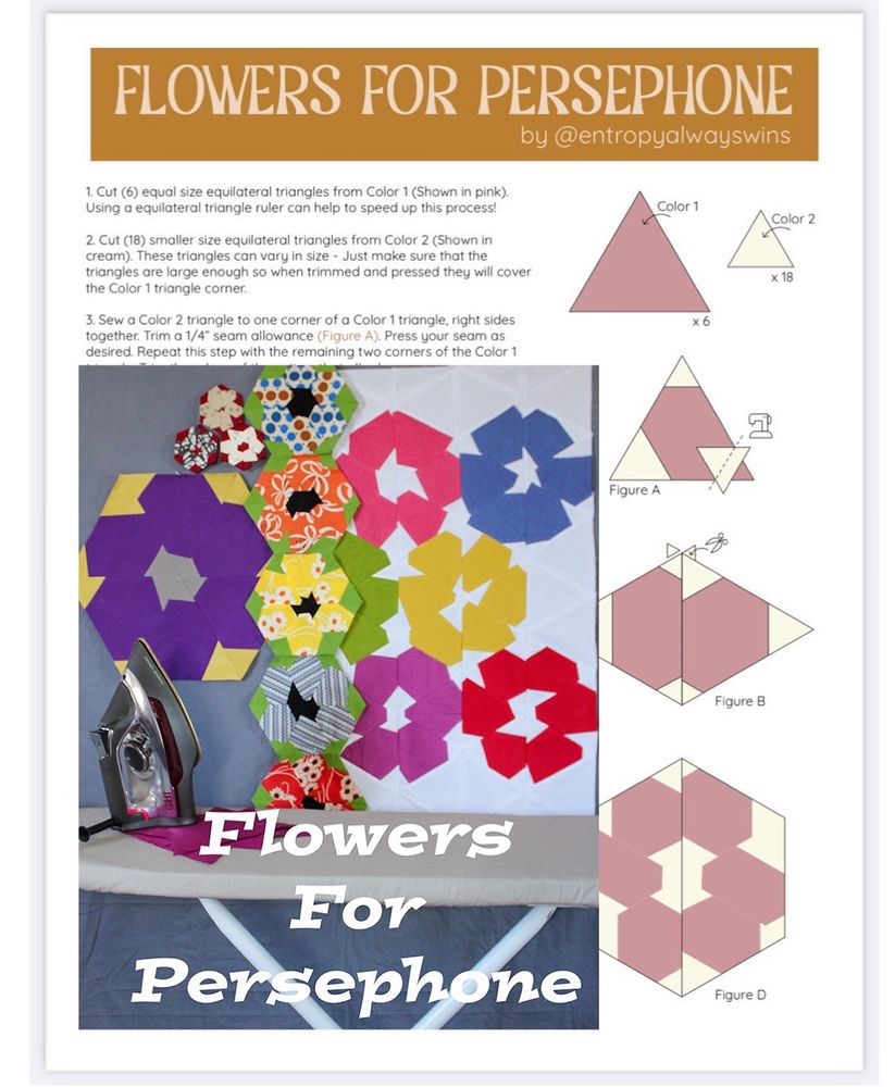 A dual picture of improv hexie flower quilt blocks and a pdf of instructions and diagrams on how to make them in honor of a mother who lost her daughter too young