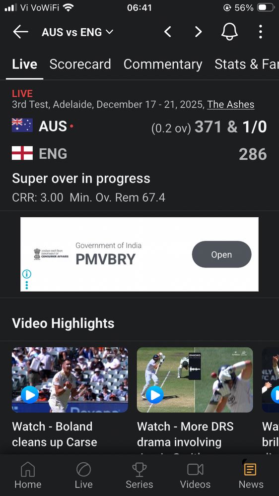 Screenshot from ESPN Cricinfo saying super over in progress for a test match between AUS & ENG.