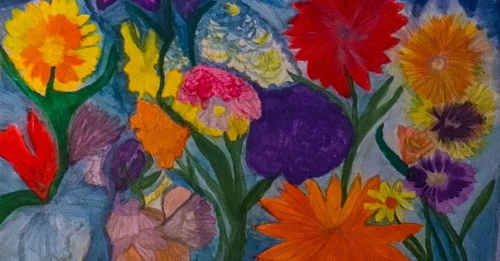 My painting, Spring With the Ancestors, depicting a flower garden with butterflies and sacred smoke.