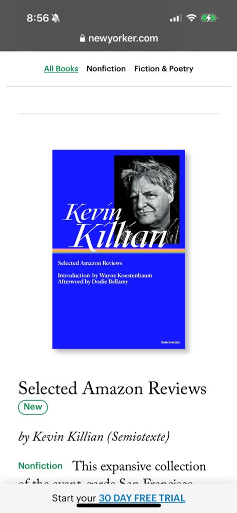 Image is of a blue book cover with a black & white photographic portrait of poet Kevin Killian in the upper right hand corner. 