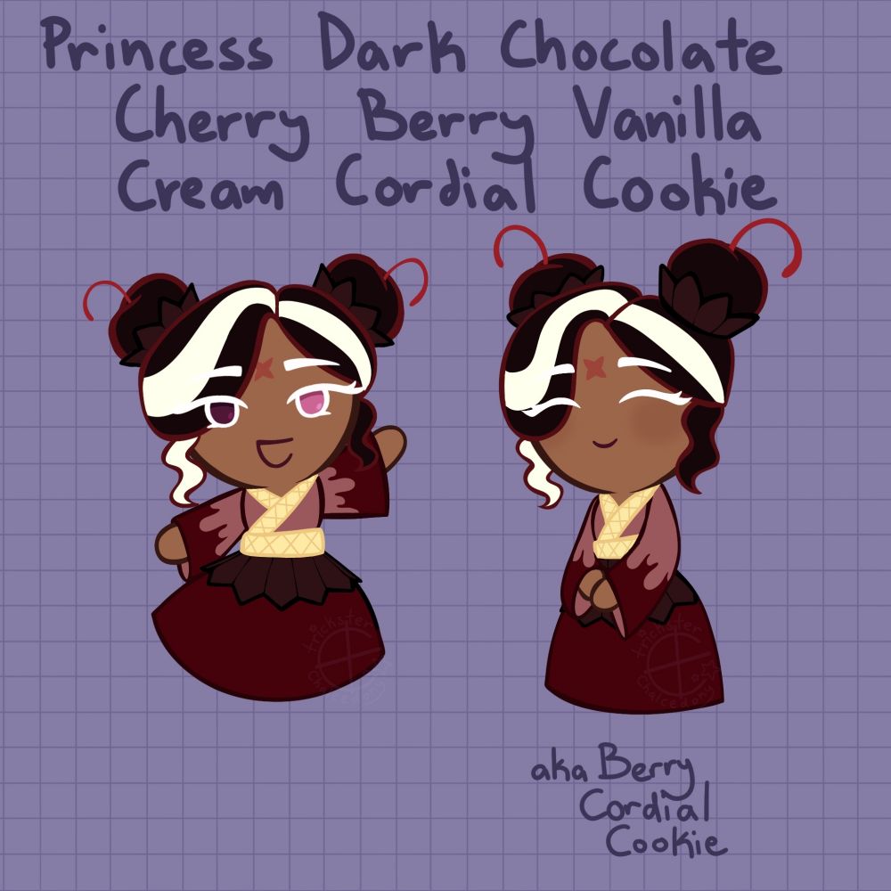 Two digital sprites labelled "Princess Dark Chocolate Cherry Berry Vanilla Cream Cordial Cookie a.k.a. Berry Cordial Cookie" against a light purple background. She has two buns shaped like cherry cordial candies with wrappers. She has brown and white striped hair with purple and pink eyes. She has a star shaped mark in the center of her forehead. She's wearing a red, pink, and white dress with long sleeves, vanilla wafer trim, and a candy wrapper overskirt decoration. In one sprite she is posing and smiling while looking at the viewer, in the other she is standing calmly with her eyes closed also smiling.