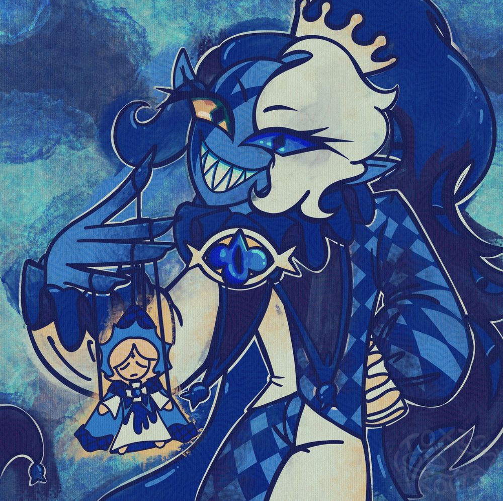 Digital art of Shadow Milk Cookie from Cookie Run Kingdom. He's staring at the camera with a wide unsettling grin. She has one hand beside her back and the other is holding a little puppet of Pure Vanilla Cookie on strings. They're against a blue background.
